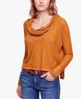FREE PEOPLE Womens Black Wildcat Thermal Long Sleeve Cowl Neck Top