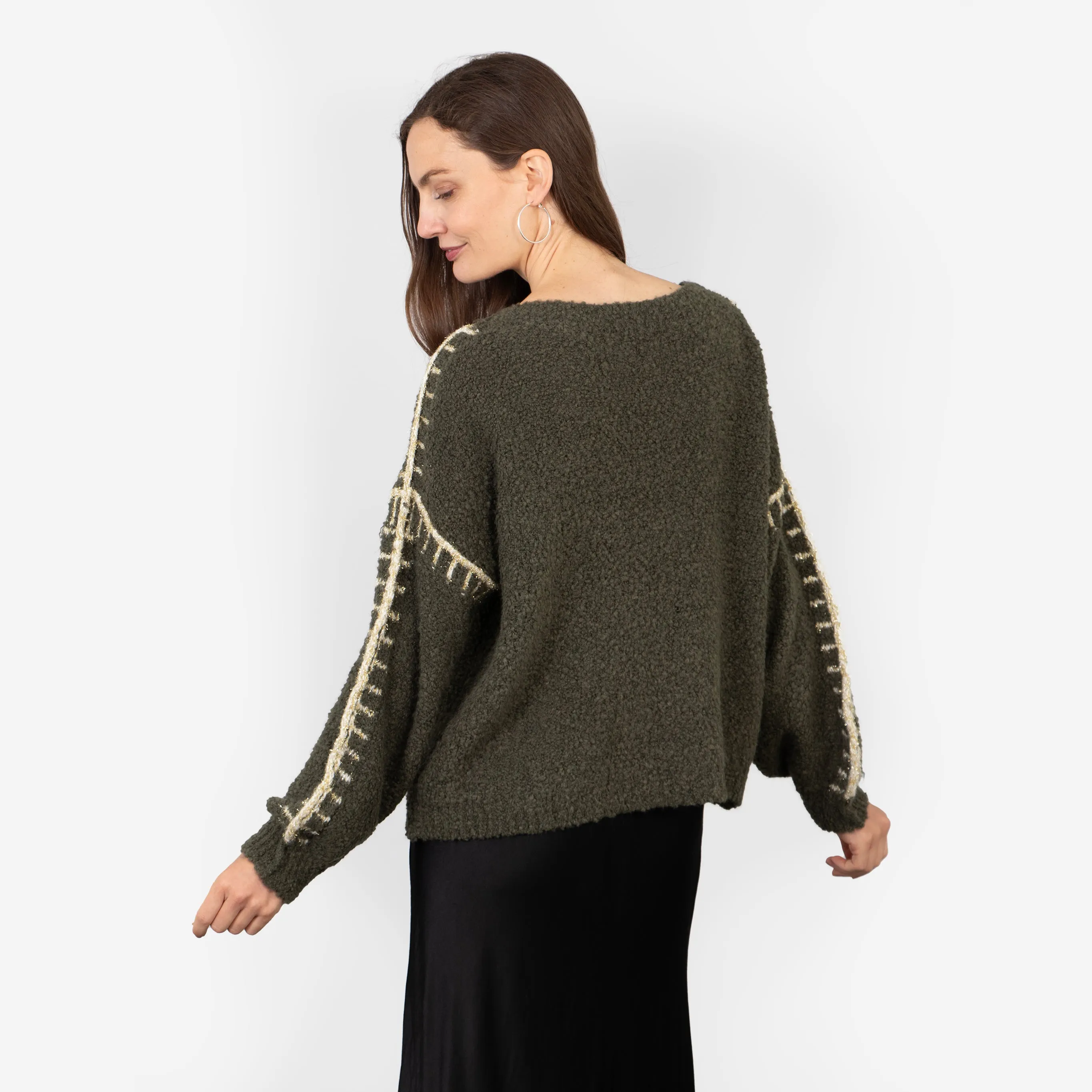 Freya Round Neck Jumper - Khaki/Gold, Contrast Stitch