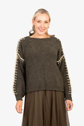 Freya Round Neck Jumper - Khaki/Gold, Contrast Stitch