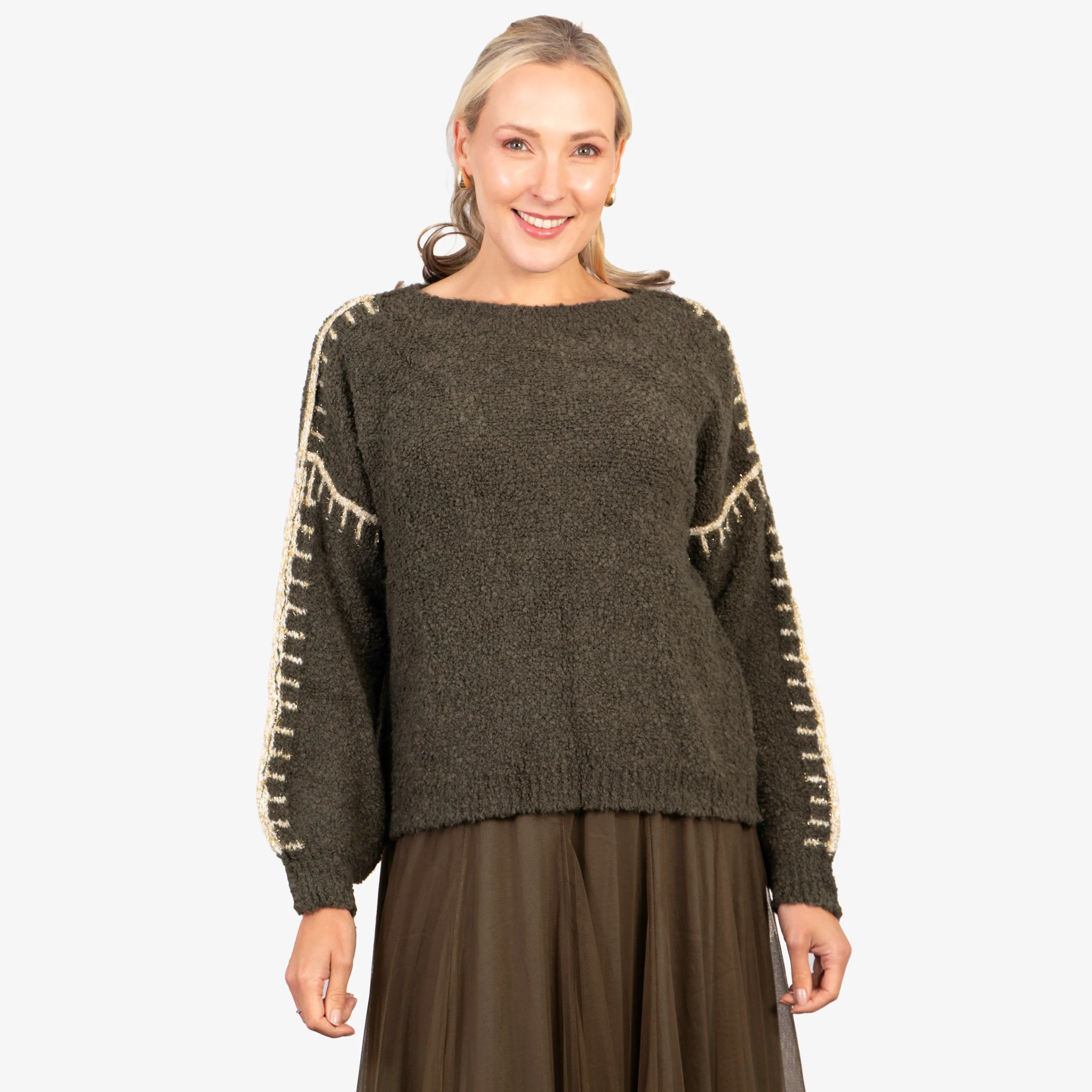 Freya Round Neck Jumper - Khaki/Gold, Contrast Stitch