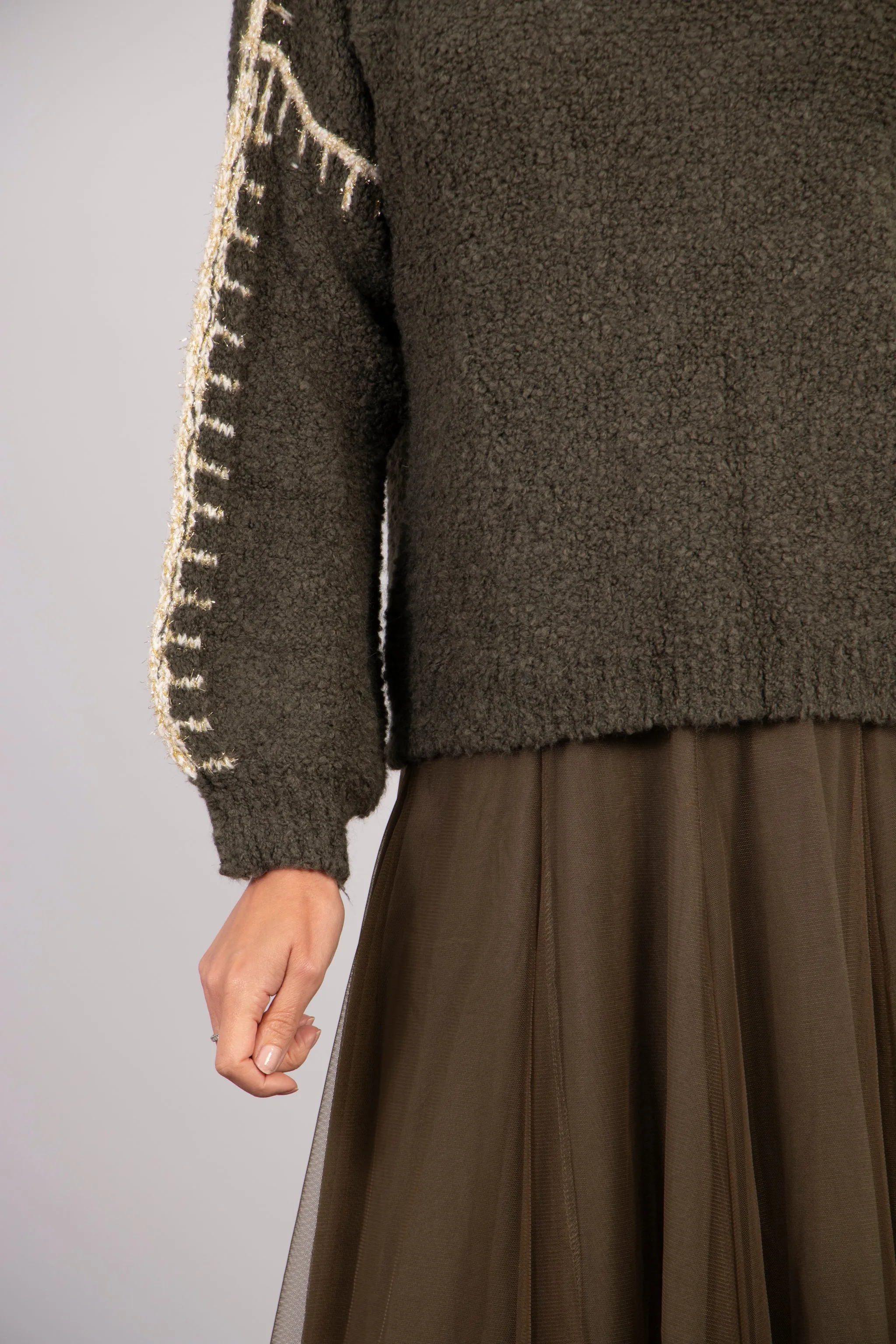 Freya Round Neck Jumper - Khaki/Gold, Contrast Stitch