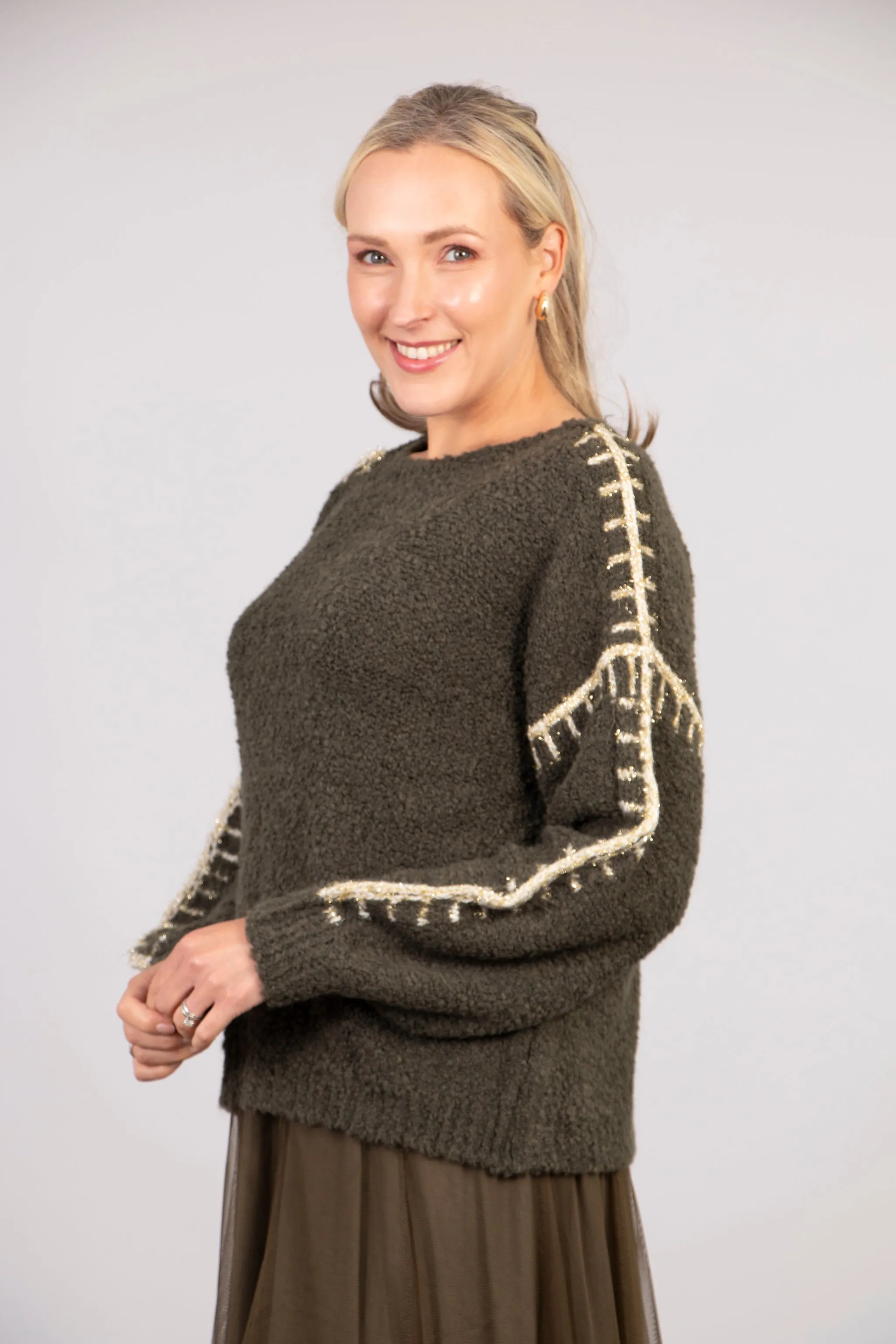 Freya Round Neck Jumper - Khaki/Gold, Contrast Stitch