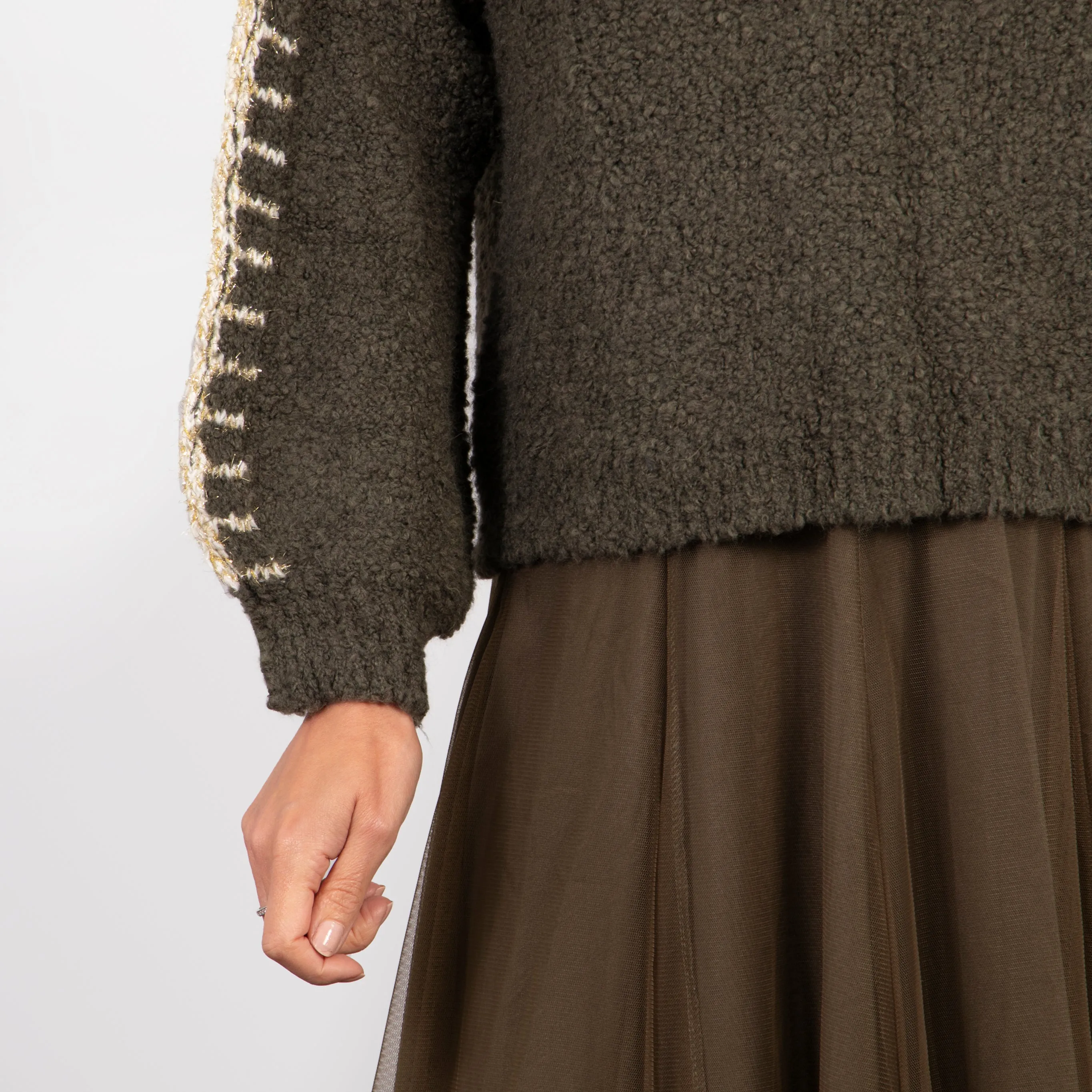 Freya Round Neck Jumper - Khaki/Gold, Contrast Stitch