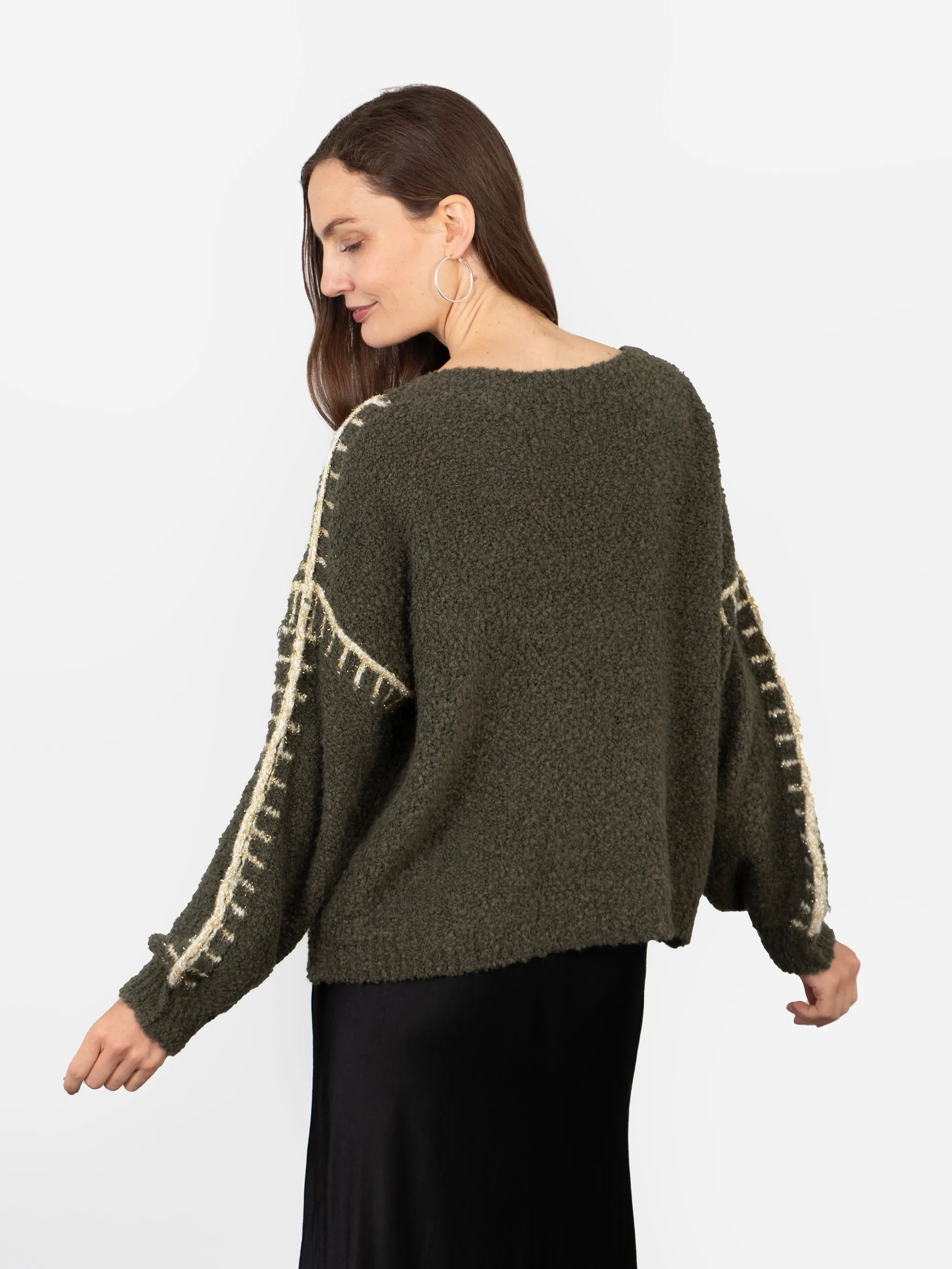 Freya Round Neck Jumper - Khaki/Gold, Contrast Stitch