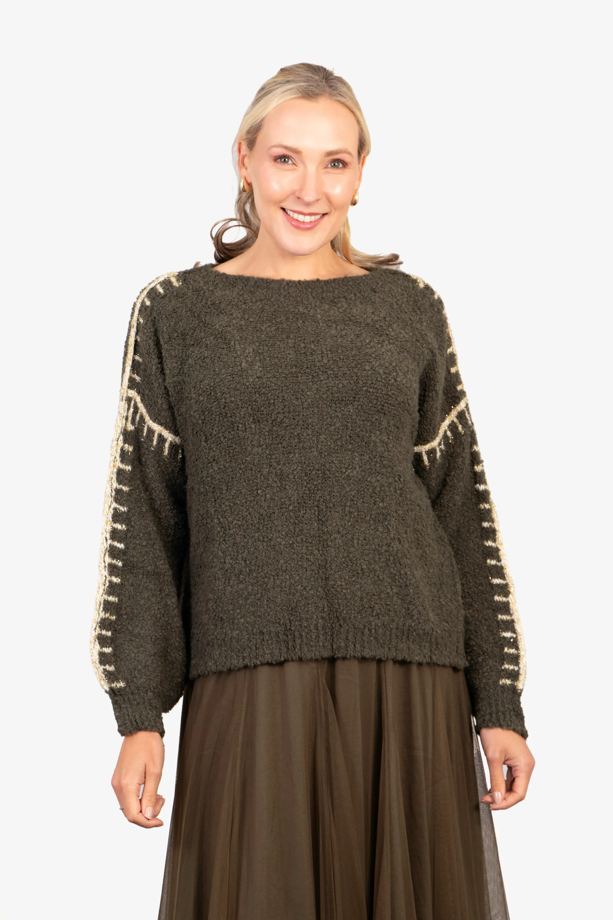 Freya Round Neck Jumper - Khaki/Gold, Contrast Stitch