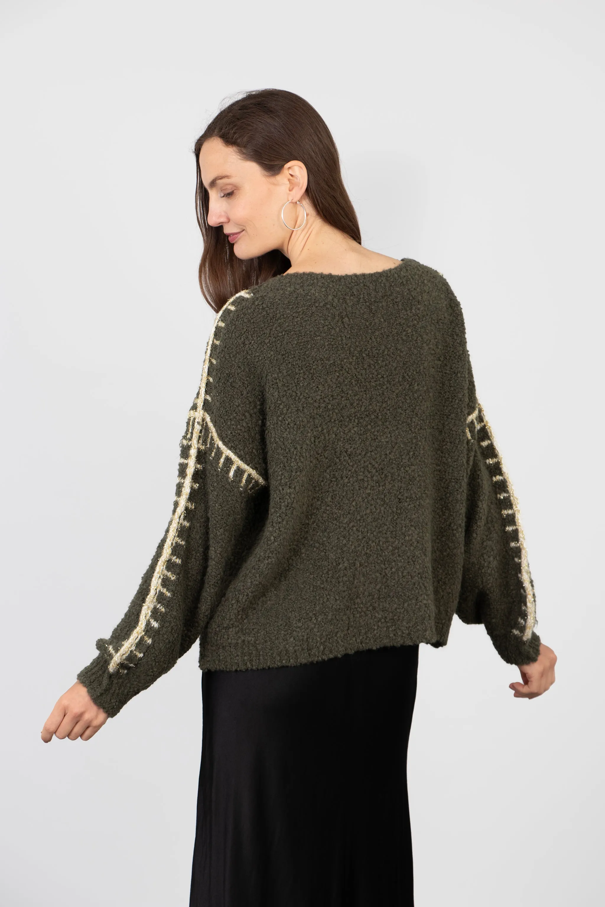 Freya Round Neck Jumper - Khaki/Gold, Contrast Stitch