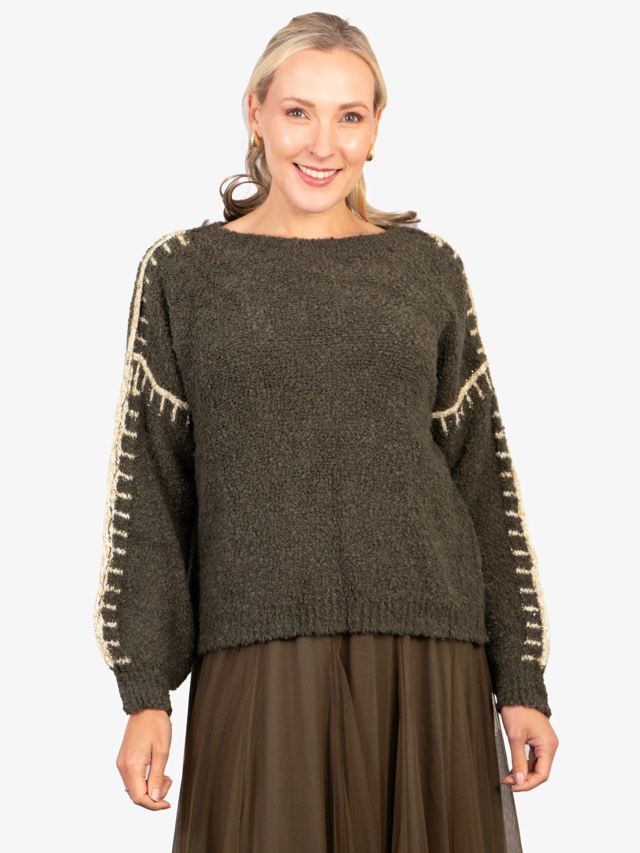 Freya Round Neck Jumper - Khaki/Gold, Contrast Stitch