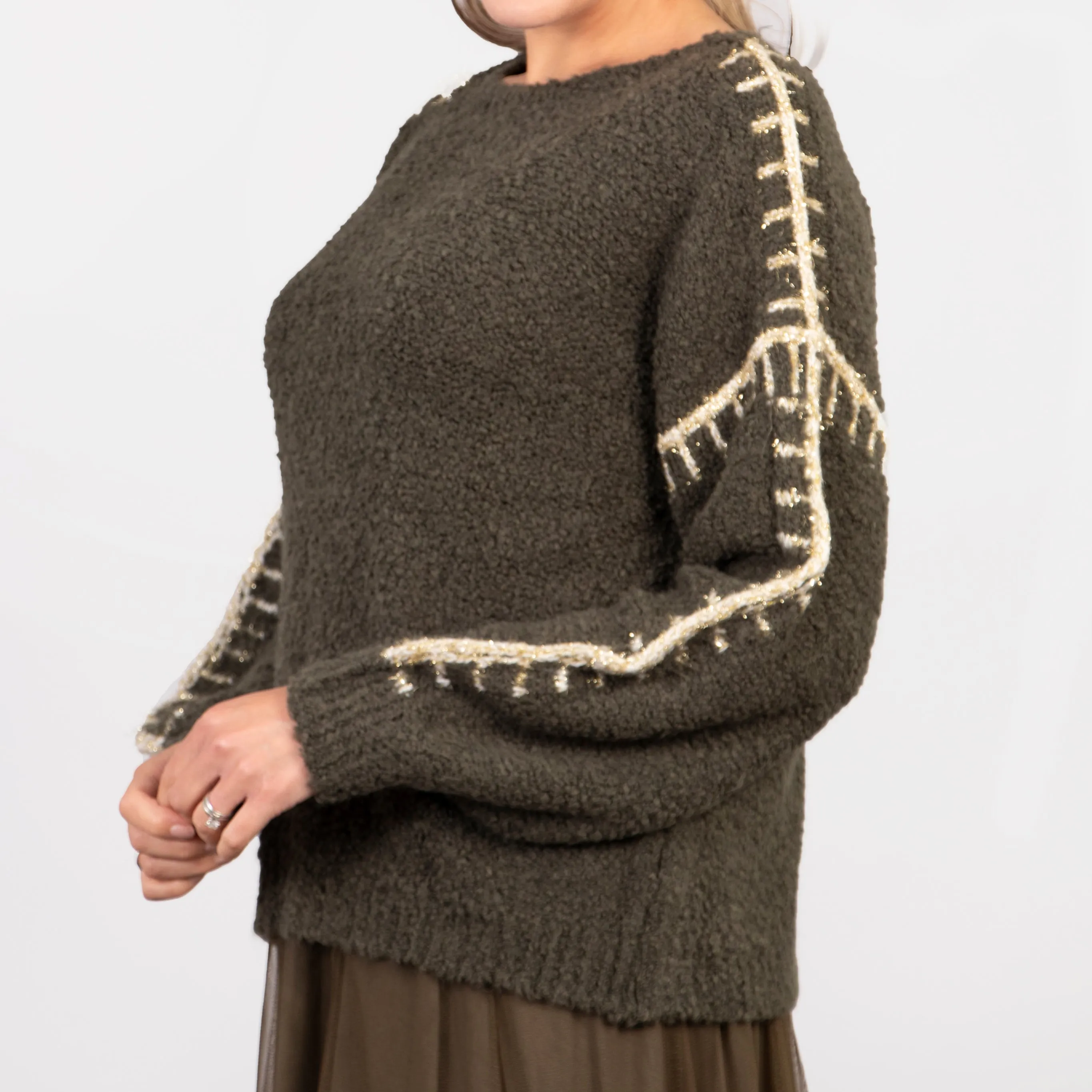Freya Round Neck Jumper - Khaki/Gold, Contrast Stitch