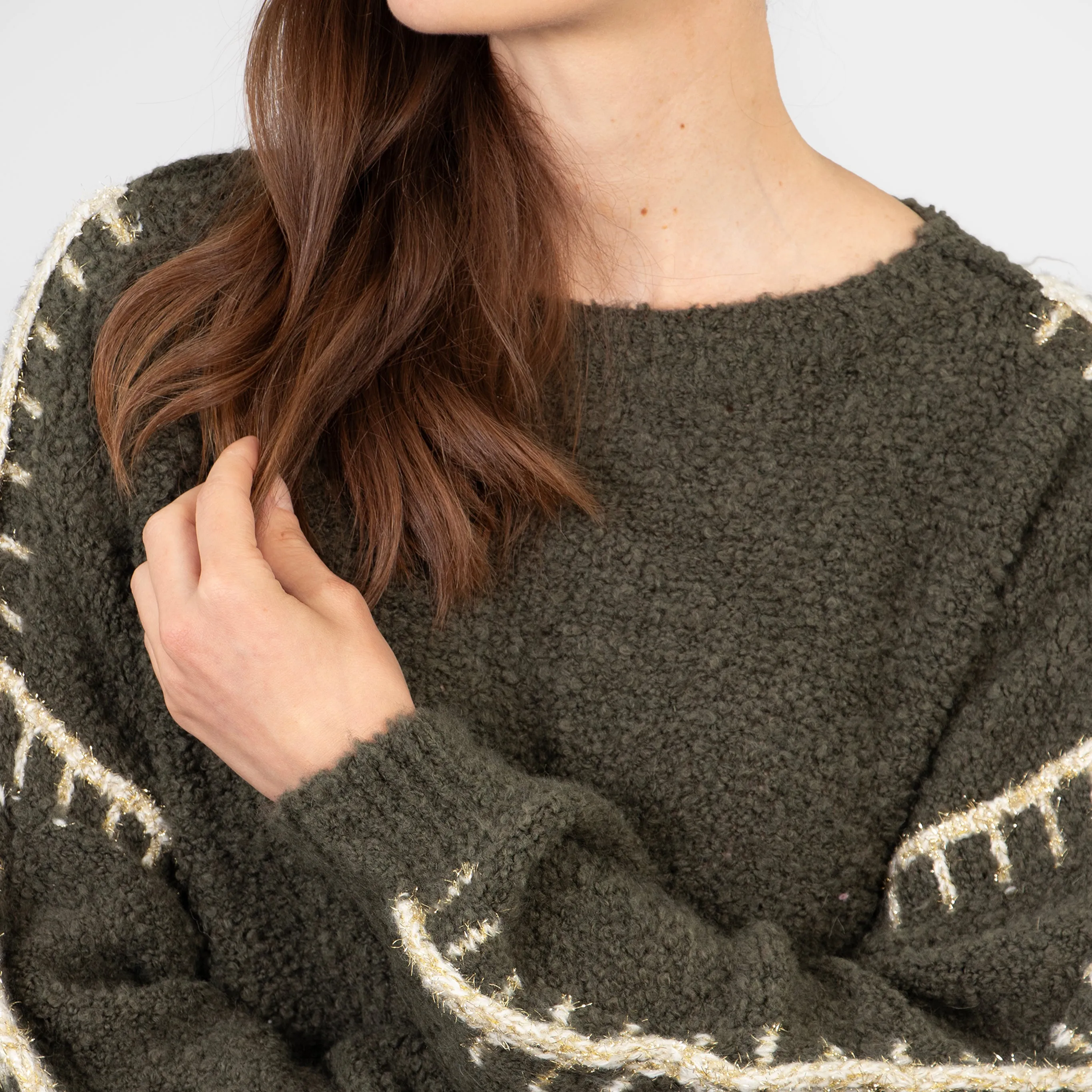 Freya Round Neck Jumper - Khaki/Gold, Contrast Stitch