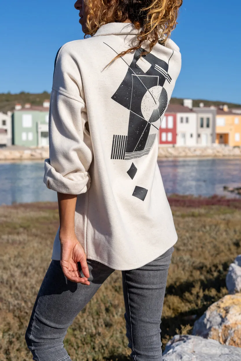 GNS Woman Stone Leather Trimmed Back Printed Coat Oversized Shirt Bst3289 - Willich