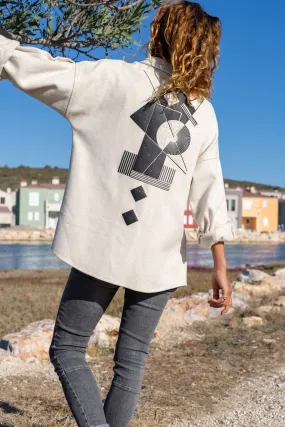 GNS Woman Stone Leather Trimmed Back Printed Coat Oversized Shirt Bst3289 - Willich