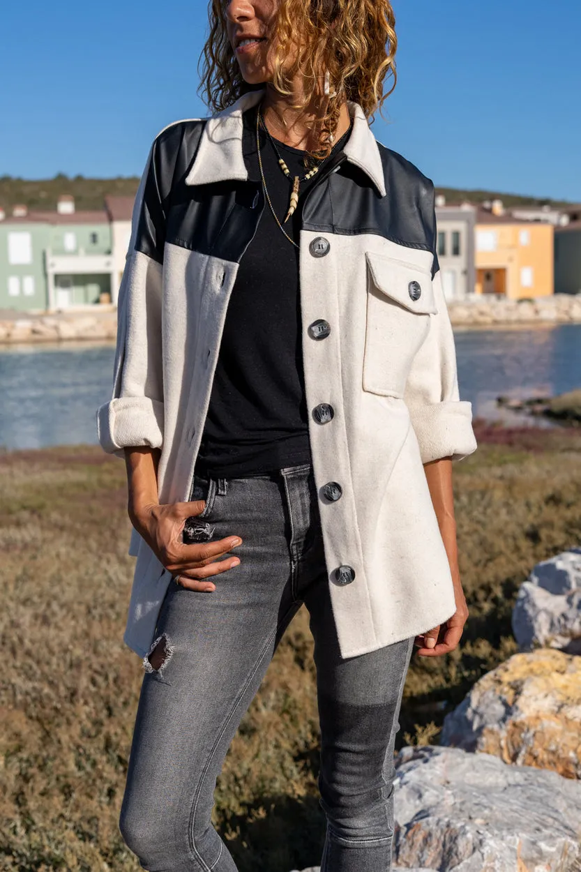 GNS Woman Stone Leather Trimmed Back Printed Coat Oversized Shirt Bst3289 - Willich