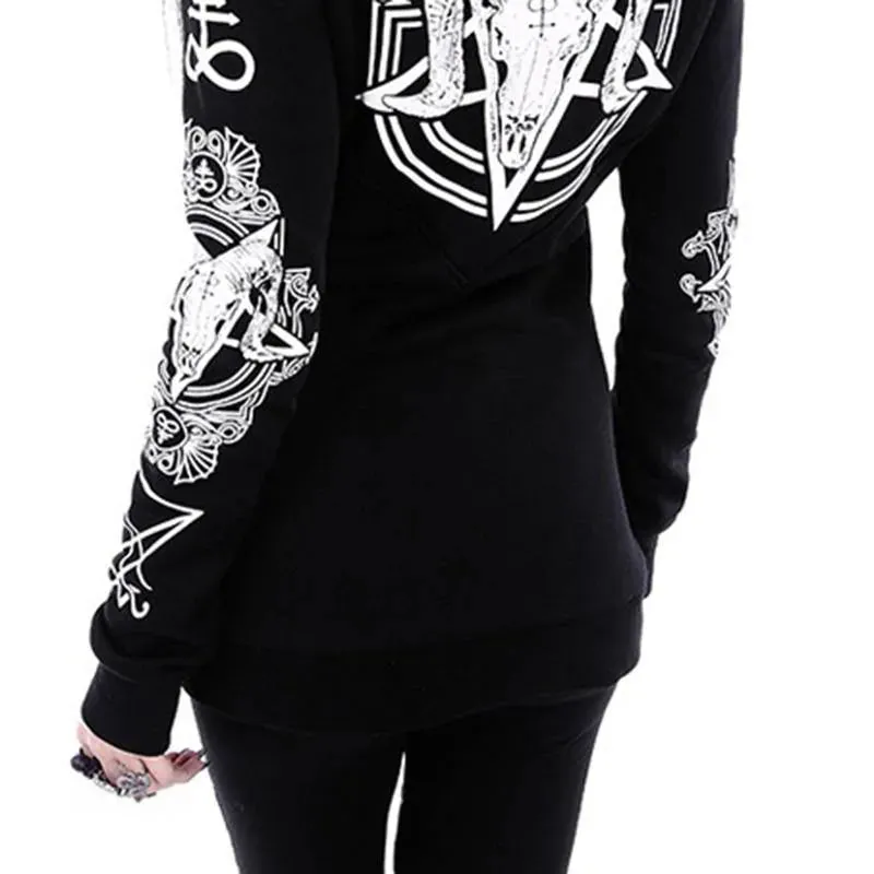 Gothic Pentagram Rune and Goat Print Jacket: Long Sleeve Up To 5XL Witchcraft Hoodie