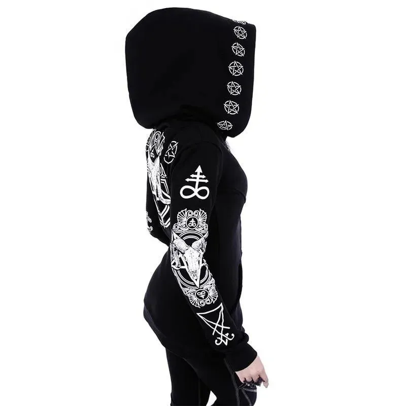 Gothic Pentagram Rune and Goat Print Jacket: Long Sleeve Up To 5XL Witchcraft Hoodie