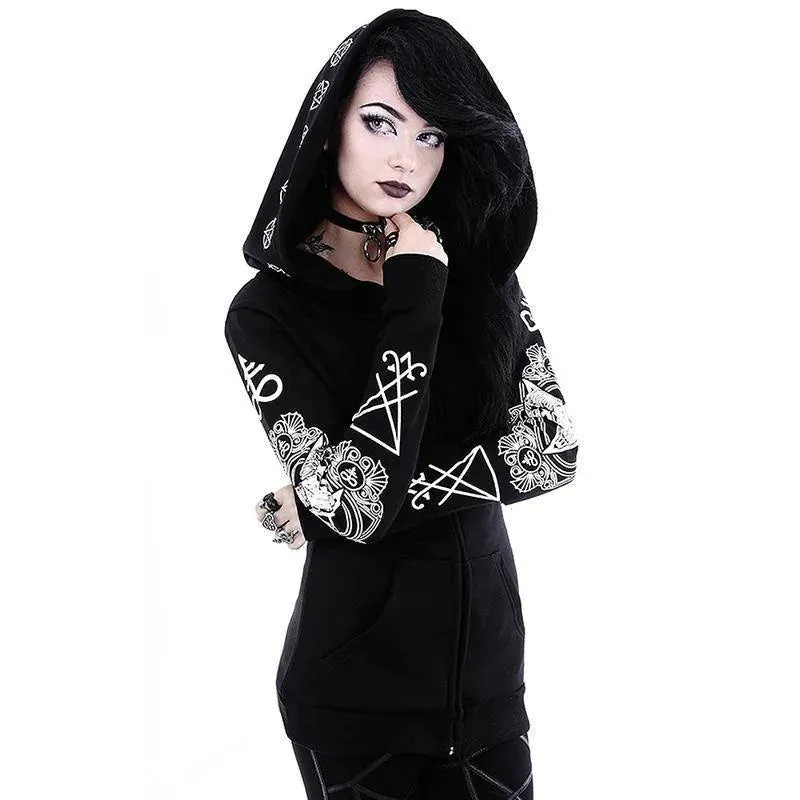 Gothic Pentagram Rune and Goat Print Jacket: Long Sleeve Up To 5XL Witchcraft Hoodie