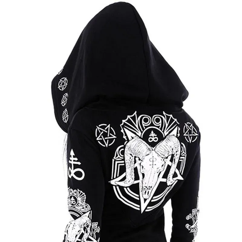 Gothic Pentagram Rune and Goat Print Jacket: Long Sleeve Up To 5XL Witchcraft Hoodie