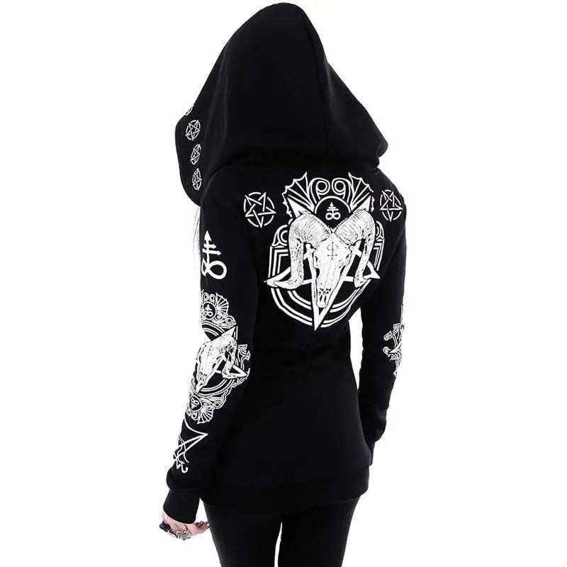 Gothic Pentagram Rune and Goat Print Jacket: Long Sleeve Up To 5XL Witchcraft Hoodie