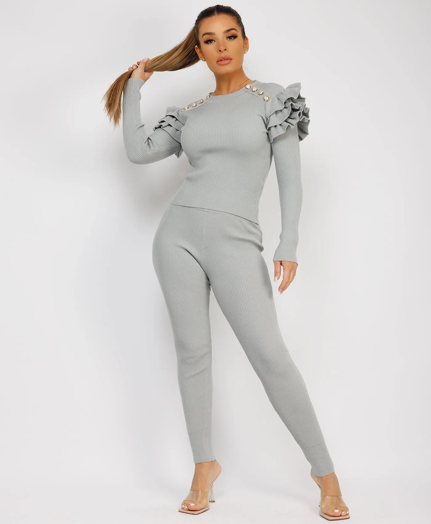 Grey Ribbed Knitted Ruffle Button Loungewear Set