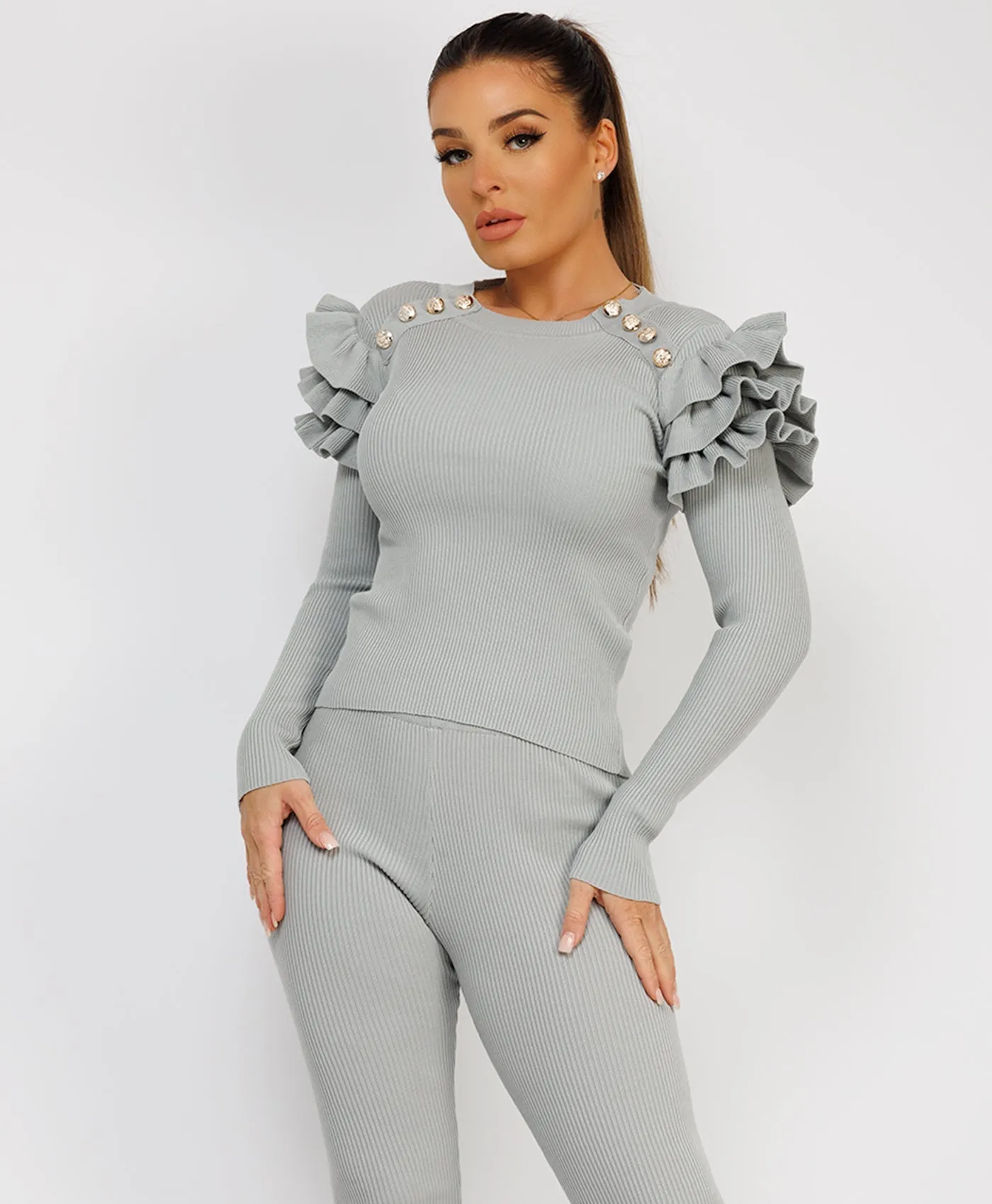Grey Ribbed Knitted Ruffle Button Loungewear Set