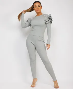 Grey Ribbed Knitted Ruffle Button Loungewear Set