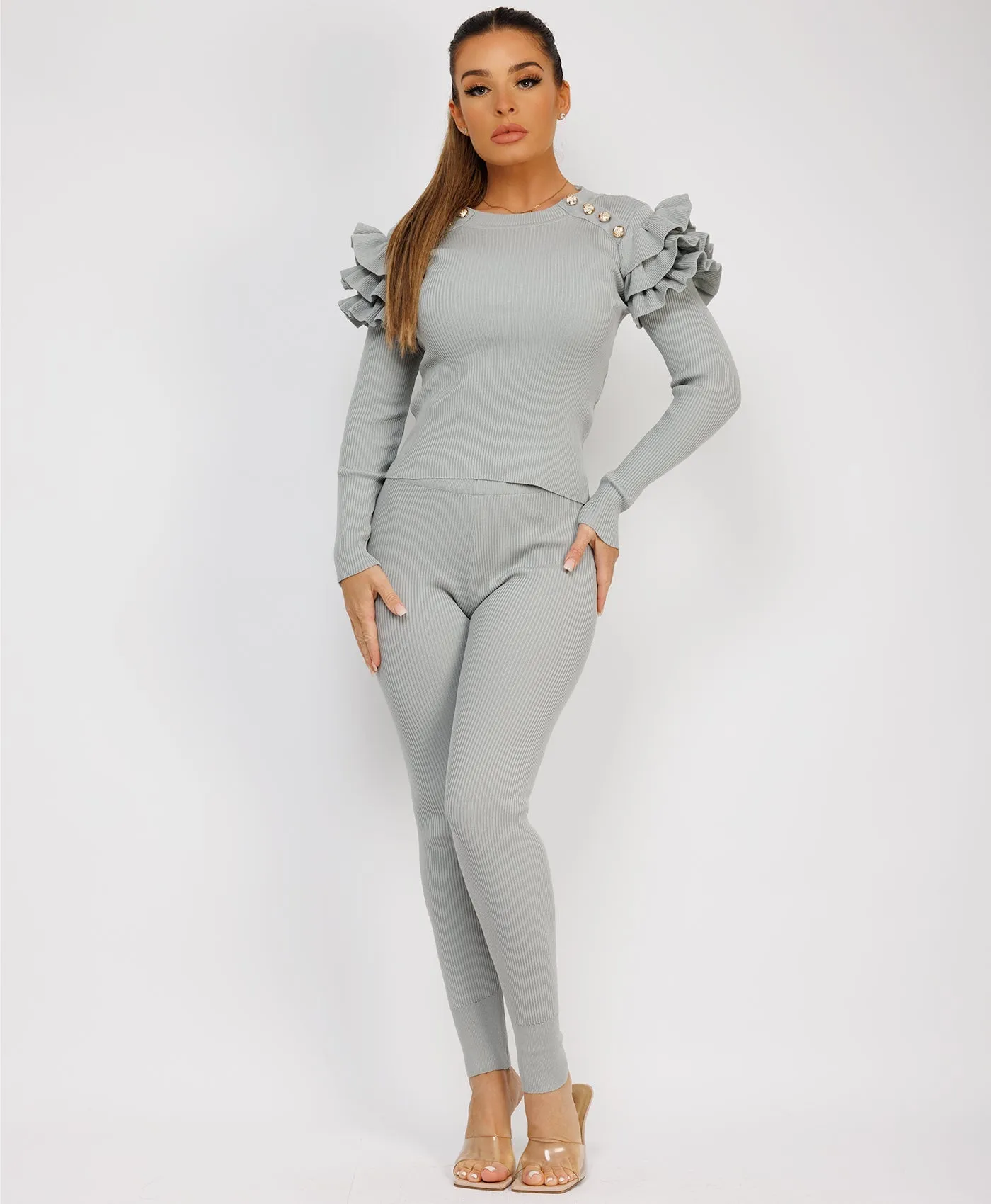 Grey Ribbed Knitted Ruffle Button Loungewear Set