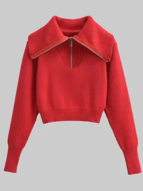 Half Zip Ribbed Collared Neck Knit sweater Top