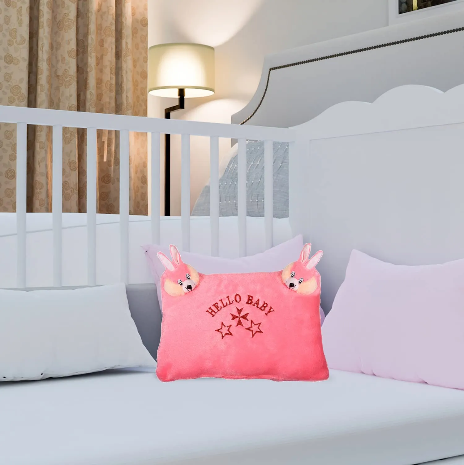 Kuber Industries Hello Teddy Design Baby Pillow|Velvet Super Soft Kids Pillow for Sleeping & Travel,12 x 18 Inch,(Pink)