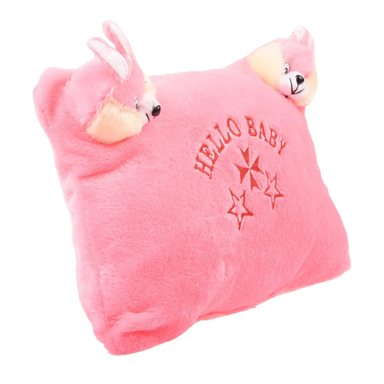 Kuber Industries Hello Teddy Design Baby Pillow|Velvet Super Soft Kids Pillow for Sleeping & Travel,12 x 18 Inch,(Pink)