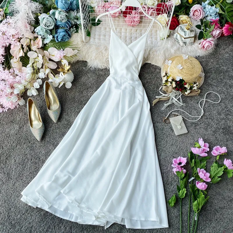 Lace-up Back Strap Halter Solid Color Big Swing Dress