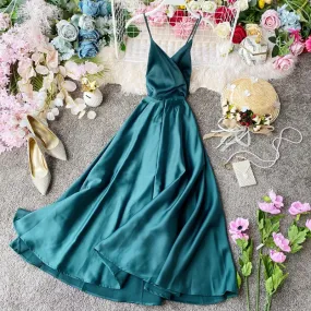 Lace-up Back Strap Halter Solid Color Big Swing Dress