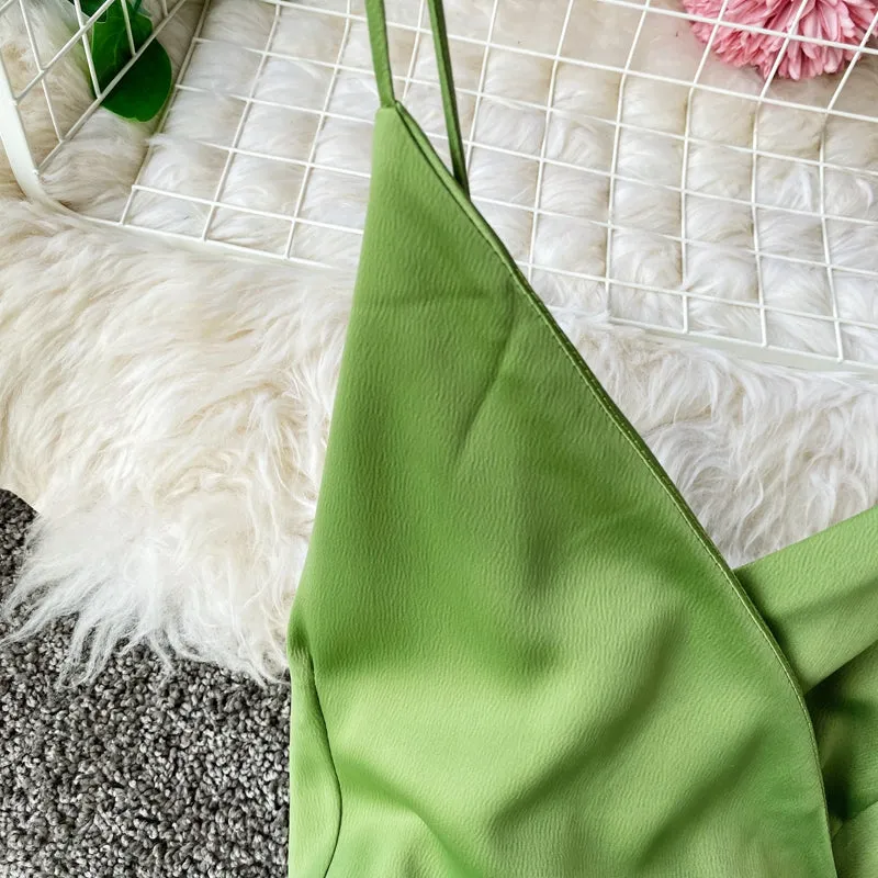 Lace-up Back Strap Halter Solid Color Big Swing Dress