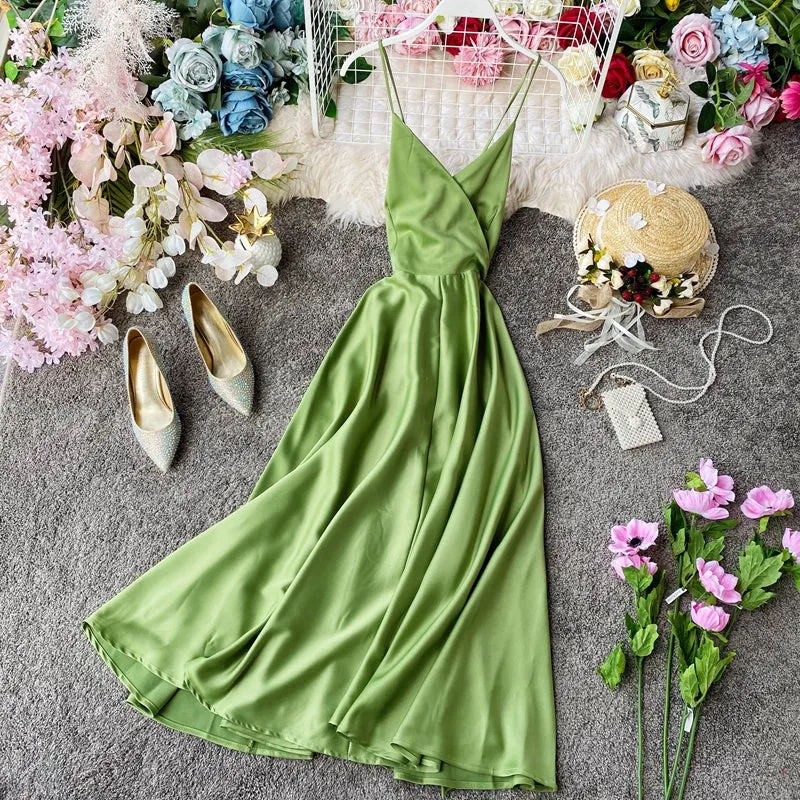 Lace-up Back Strap Halter Solid Color Big Swing Dress