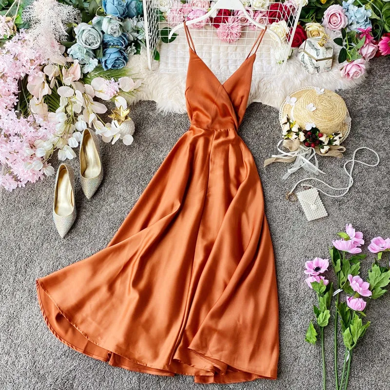Lace-up Back Strap Halter Solid Color Big Swing Dress