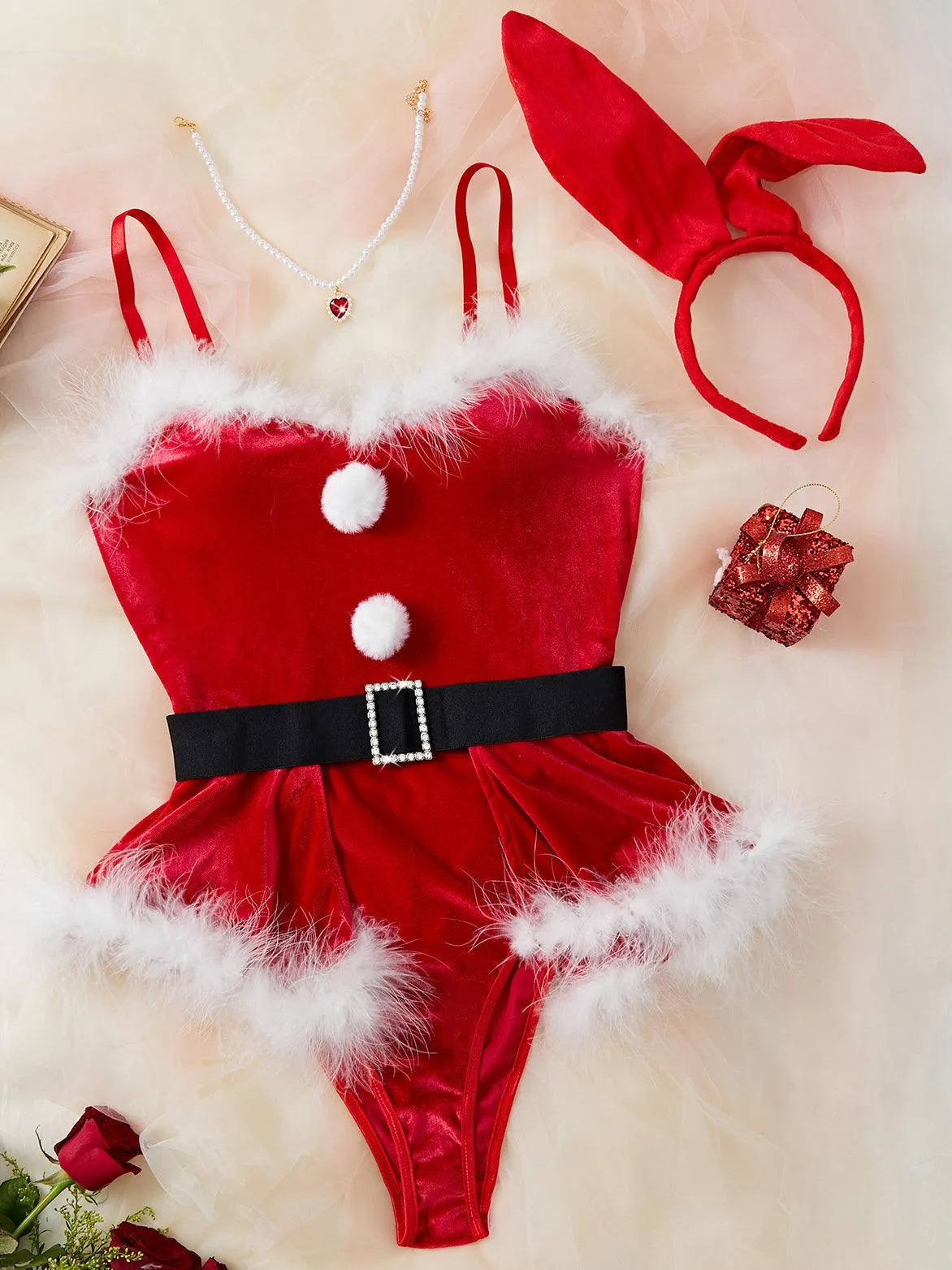 Ladies Christmas Miss Rabit Red Velvet  Fluffy Teddy Set SKLG4007