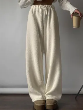 LANFUBEISI - Drawstring Wide Leg Teddy Fleece Pants