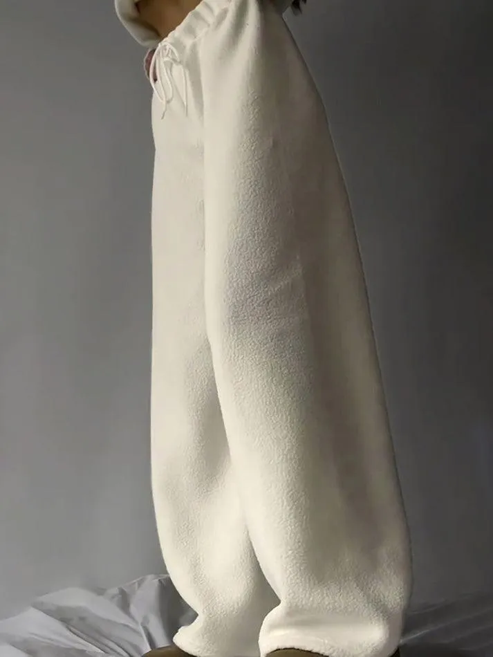LANFUBEISI - Drawstring Wide Leg Teddy Fleece Pants