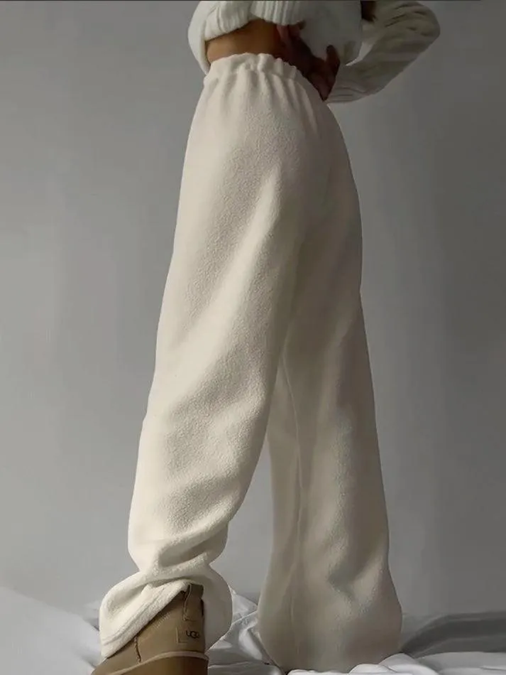 LANFUBEISI - Drawstring Wide Leg Teddy Fleece Pants