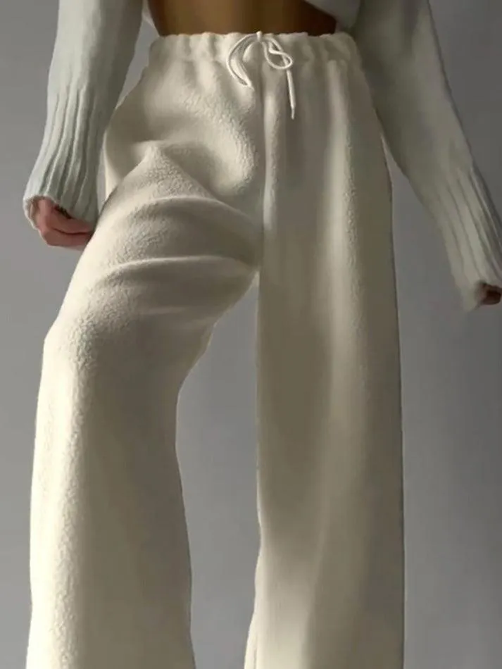 LANFUBEISI - Drawstring Wide Leg Teddy Fleece Pants
