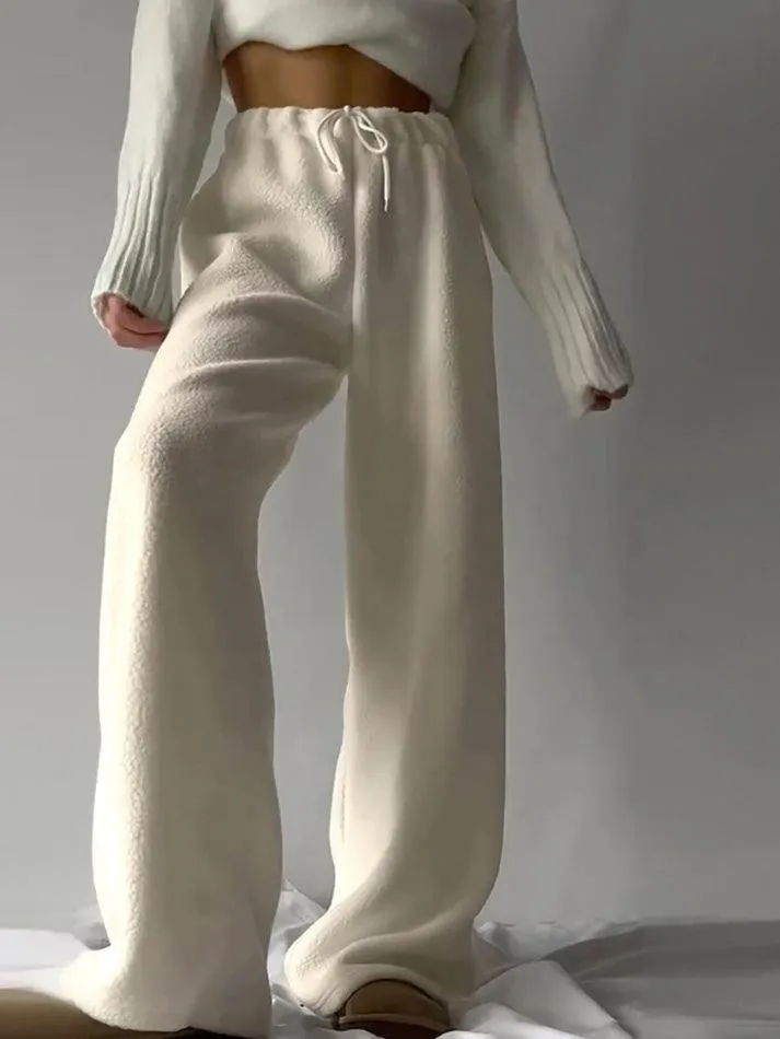 LANFUBEISI - Drawstring Wide Leg Teddy Fleece Pants
