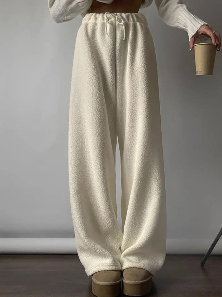 LANFUBEISI - Drawstring Wide Leg Teddy Fleece Pants