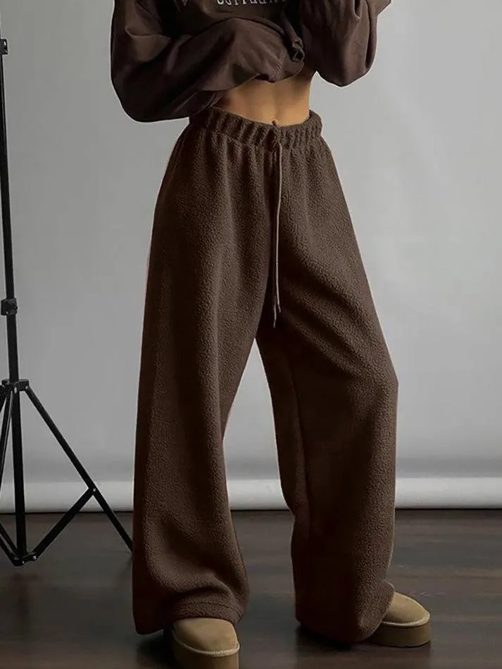 LANFUBEISI - Drawstring Wide Leg Teddy Fleece Pants