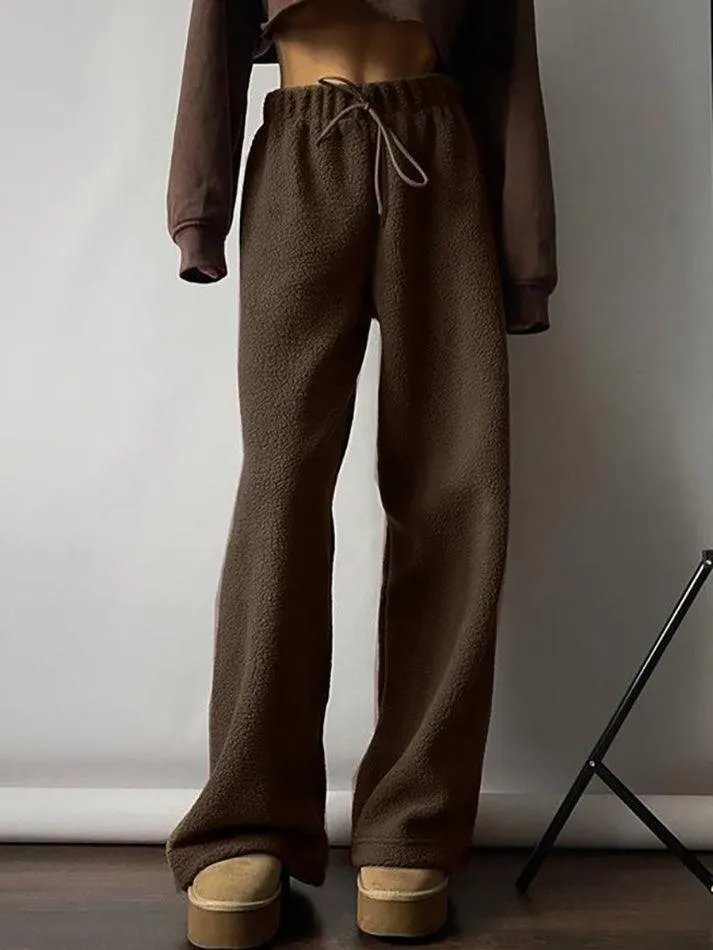 LANFUBEISI - Drawstring Wide Leg Teddy Fleece Pants