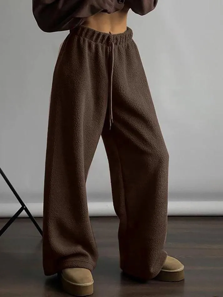 LANFUBEISI - Drawstring Wide Leg Teddy Fleece Pants