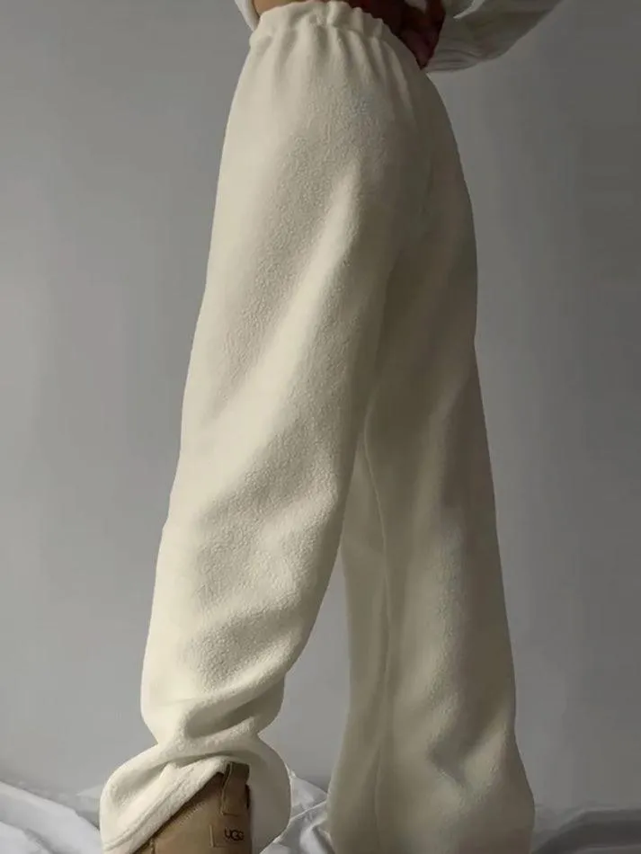 LANFUBEISI - Drawstring Wide Leg Teddy Fleece Pants