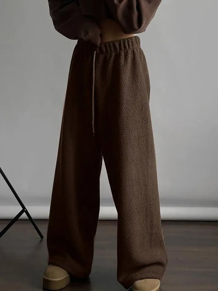 LANFUBEISI - Drawstring Wide Leg Teddy Fleece Pants