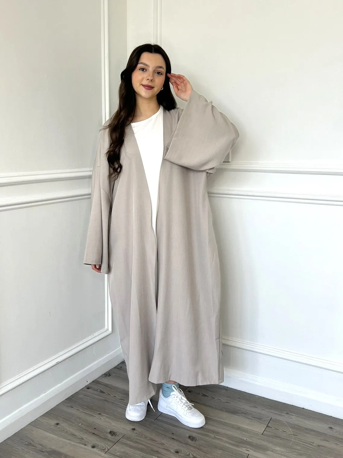 Linen Look Kimono Abaya - Oat