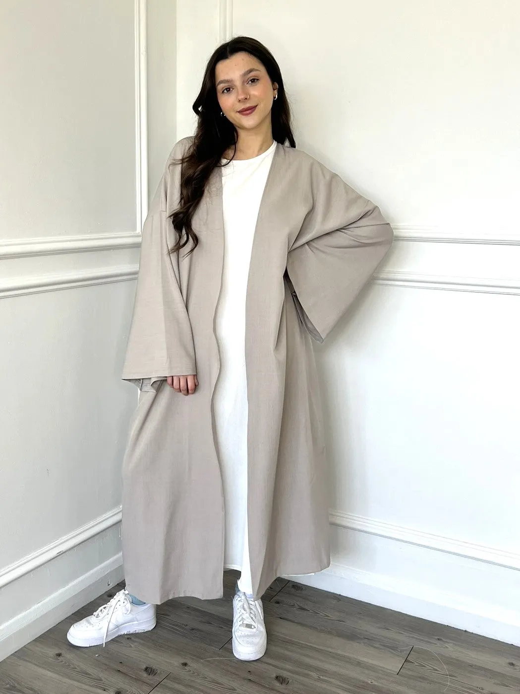 Linen Look Kimono Abaya - Oat