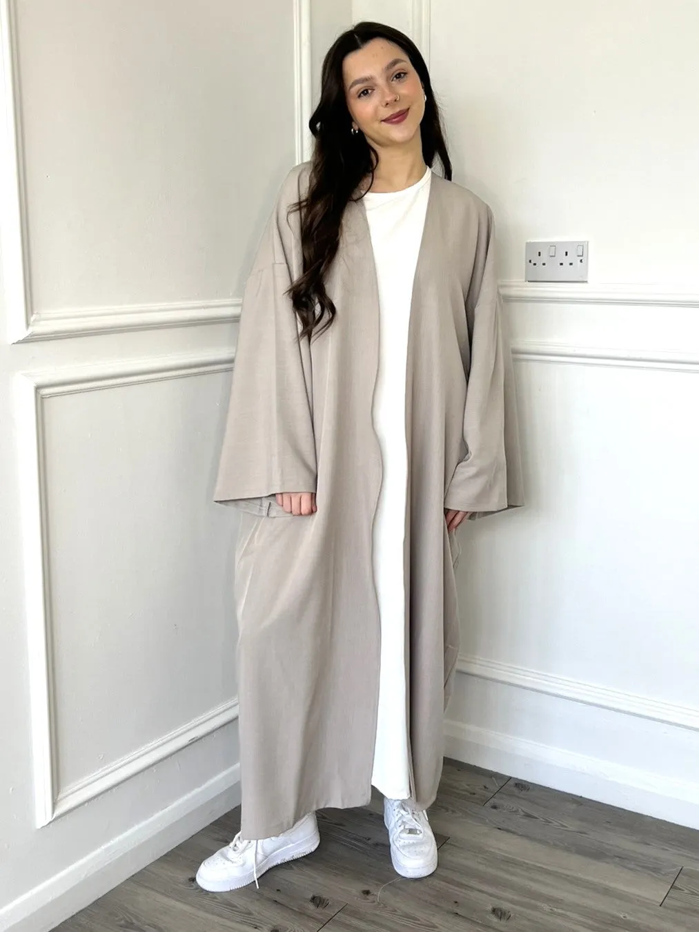 Linen Look Kimono Abaya - Oat