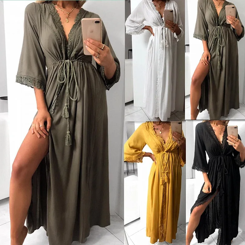 Long Maxi Dress / Cardigan. Khaki or Mustard Yellow