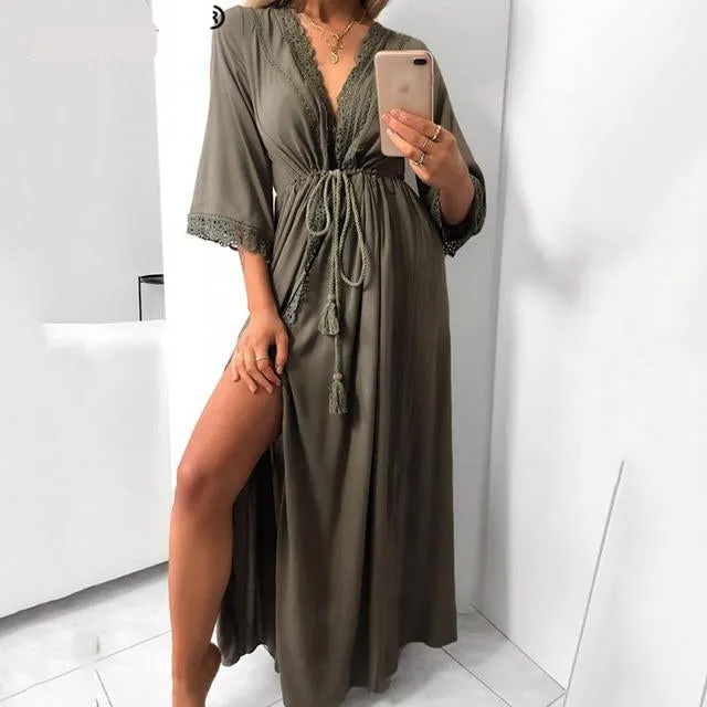 Long Maxi Dress / Cardigan. Khaki or Mustard Yellow